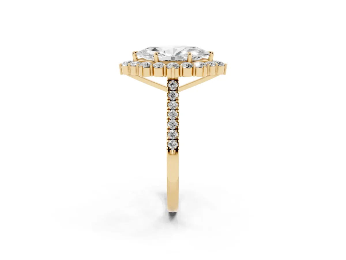 Marquise Cut Halo Diamond Ring with Pavé Band and Prong Setting Yellow gold