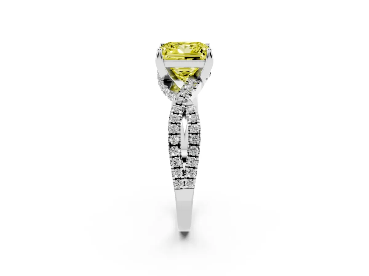 Fancy Yellow Princess Cut Solitaire Twist Pave Diamond Engagement Ring with Prong Setting Silver