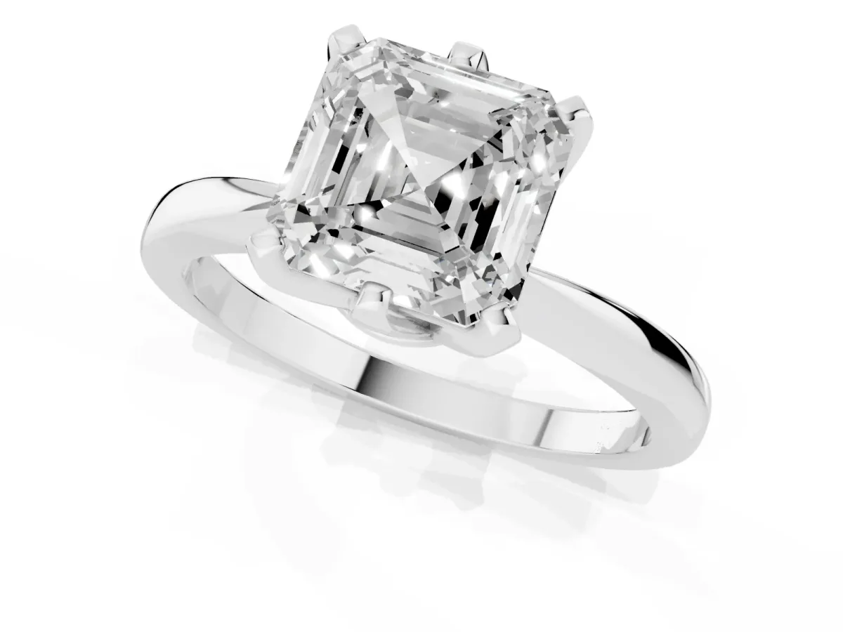 Asscher Cut Solitaire Engagement Ring with Six-Prong Setting and Tapered Band Platinum