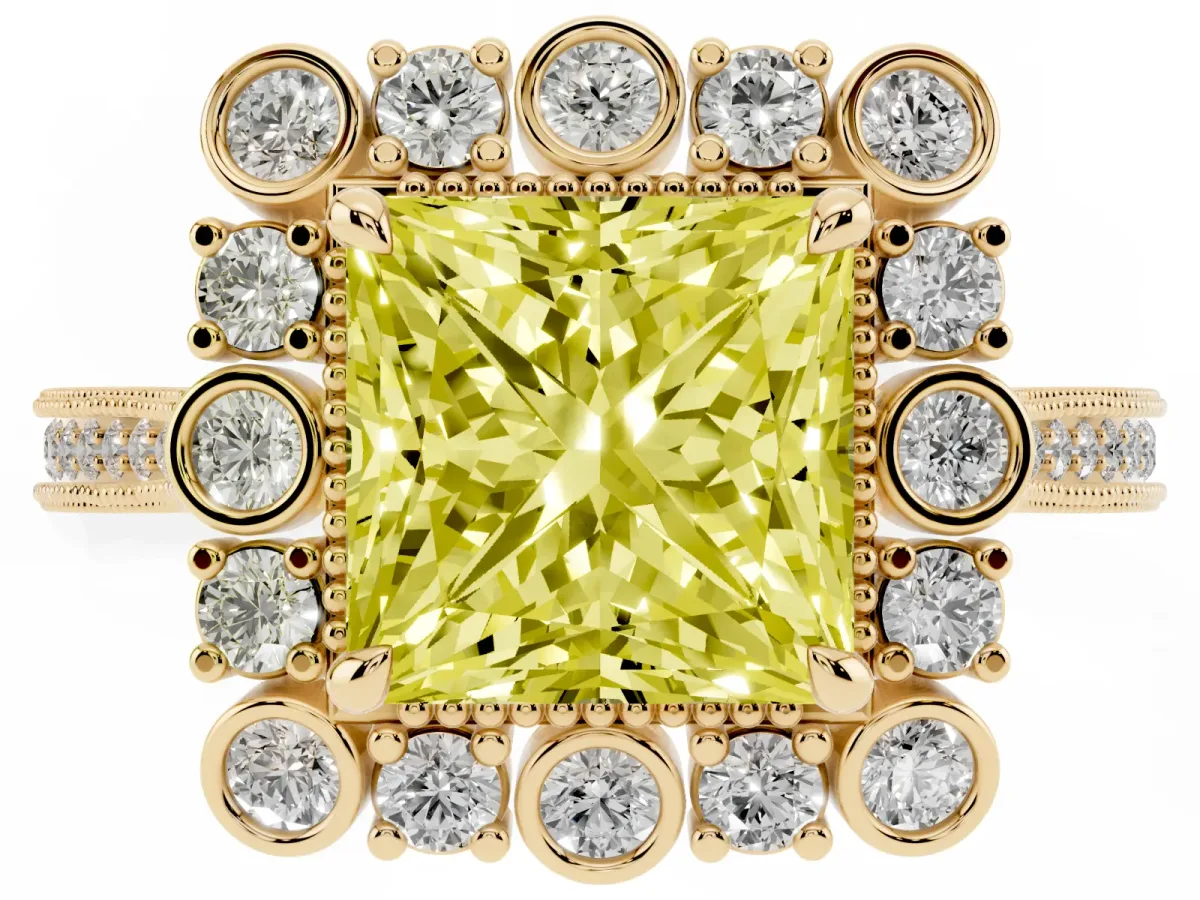 Fancy Yellow Princess Cut Halo Milgrain Pave Diamond Ring with Four-Prong Setting Yellow gold