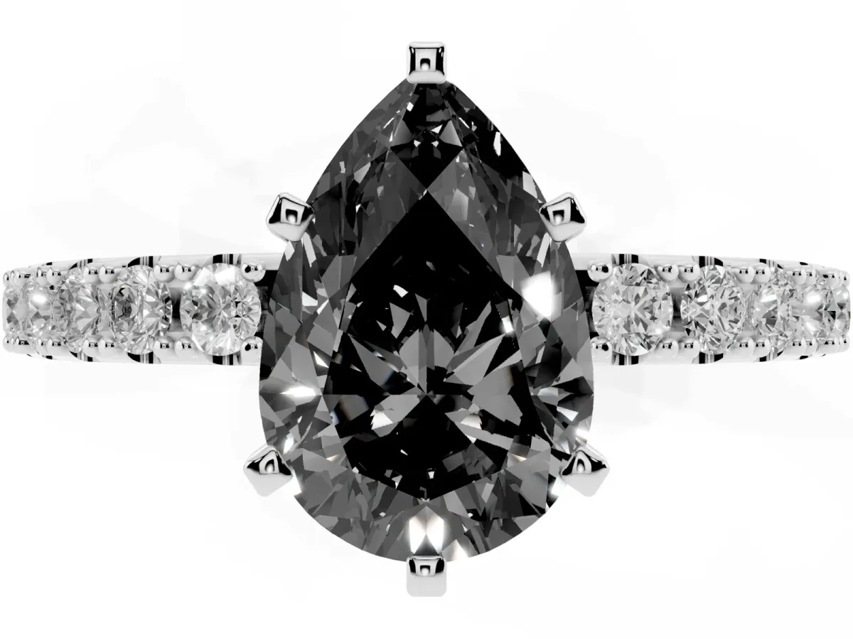 Fancy Black Pear Cut Diamond Solitaire Pavé Band with Four-Prong Setting Silver