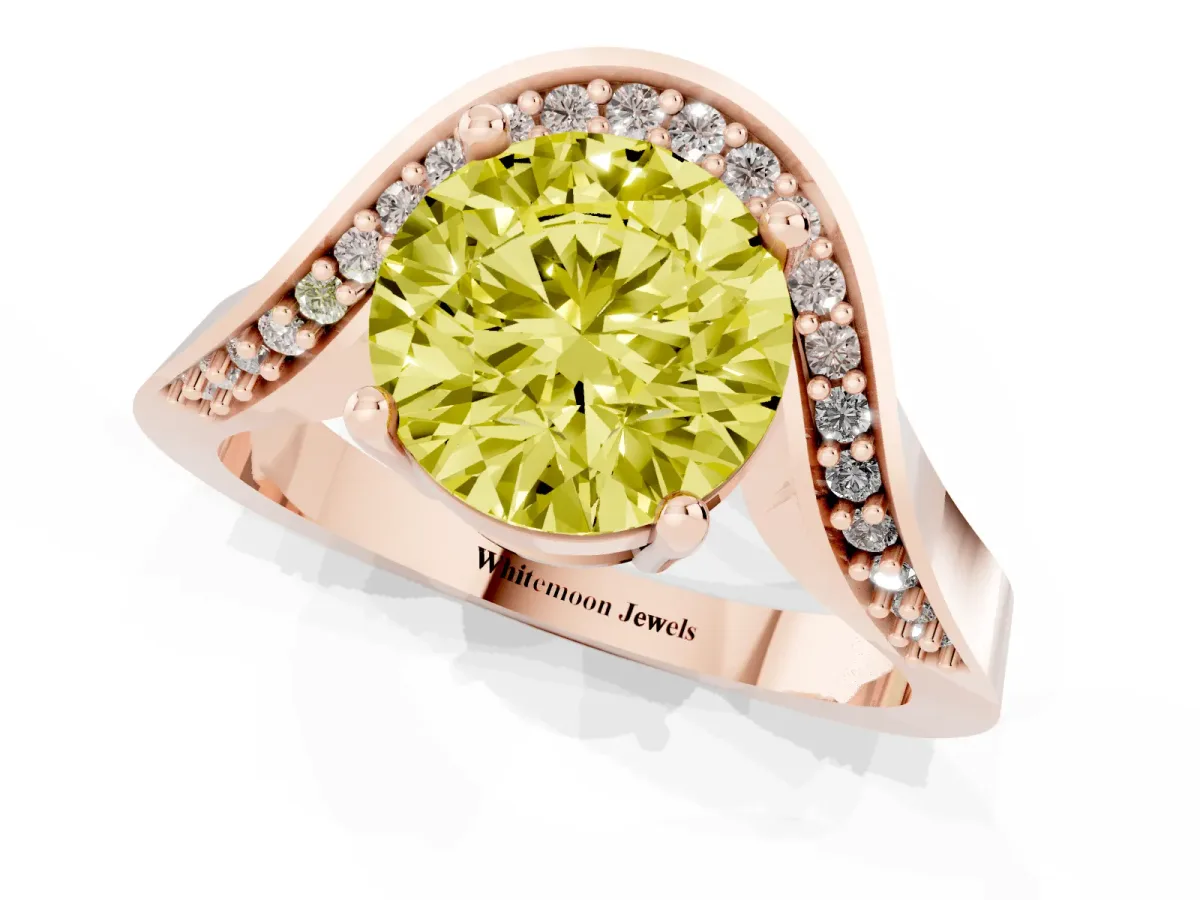 Fancy Yellow Round Cut Solitaire Diamond Engagement Ring with Pave Band and Four-Prong Setting Rose gold