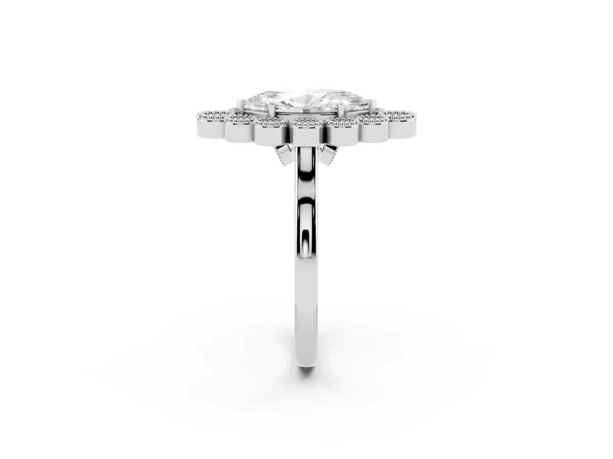 Marquise Cut Halo Diamond Cluster Engagement Ring with Milgrain Bezel Setting and Solitaire Band White gold