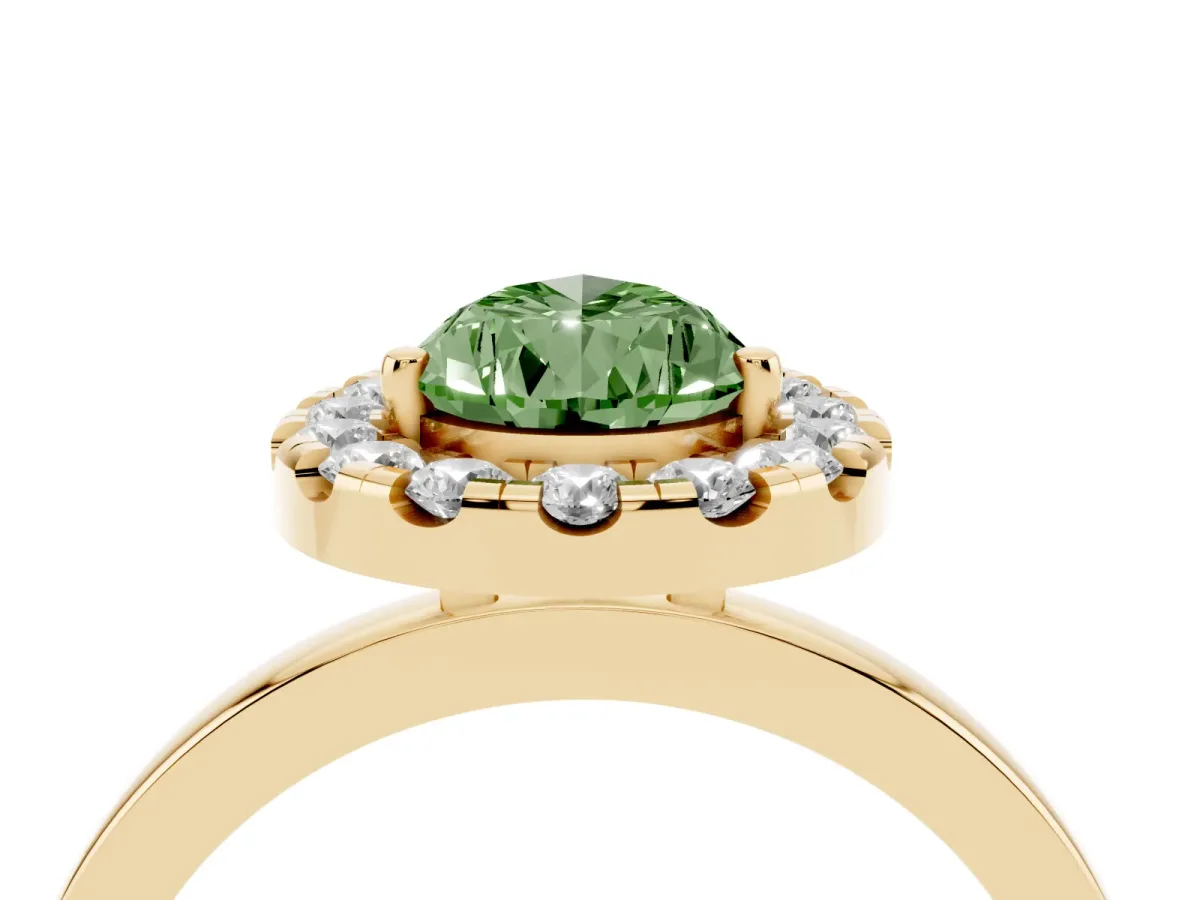Fancy Green Pear Cut Halo Diamond Solitaire with Pavé Band and Four-Prong Setting Yellow gold