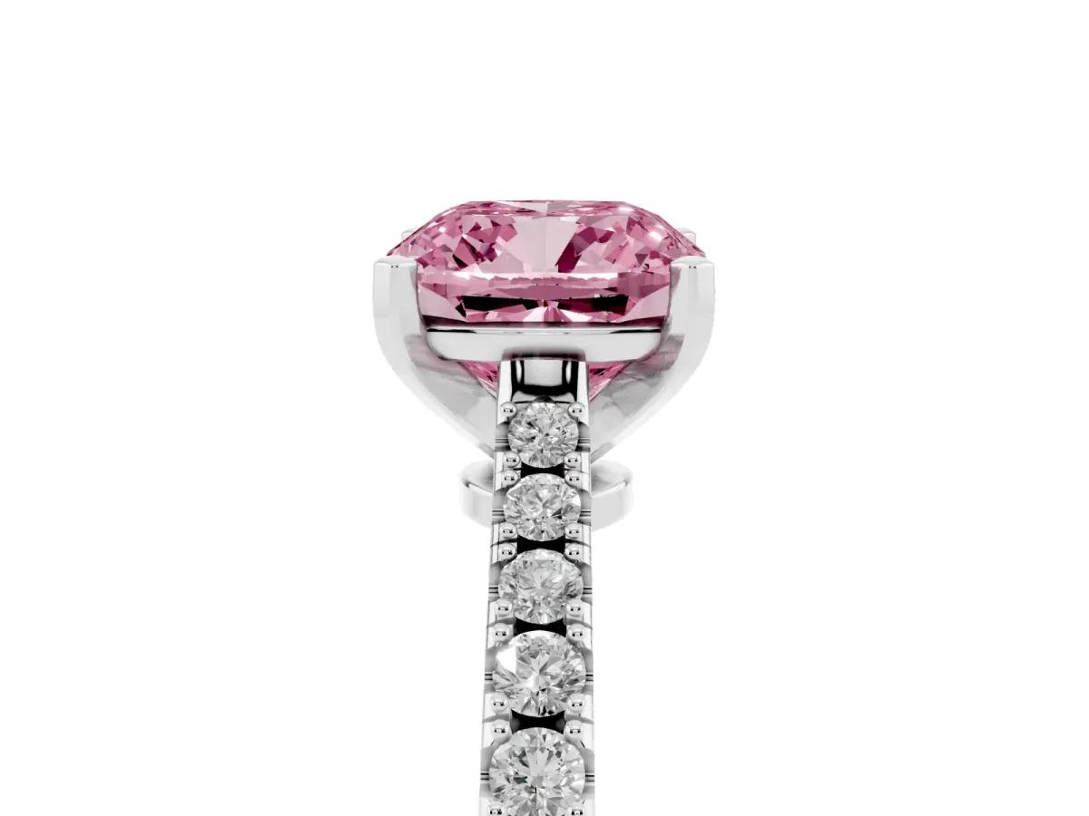 Fancy Pink Cushion Cut Cut Solitaire Diamond Engagement Ring with Pave Band and Four-Prong Setting White gold