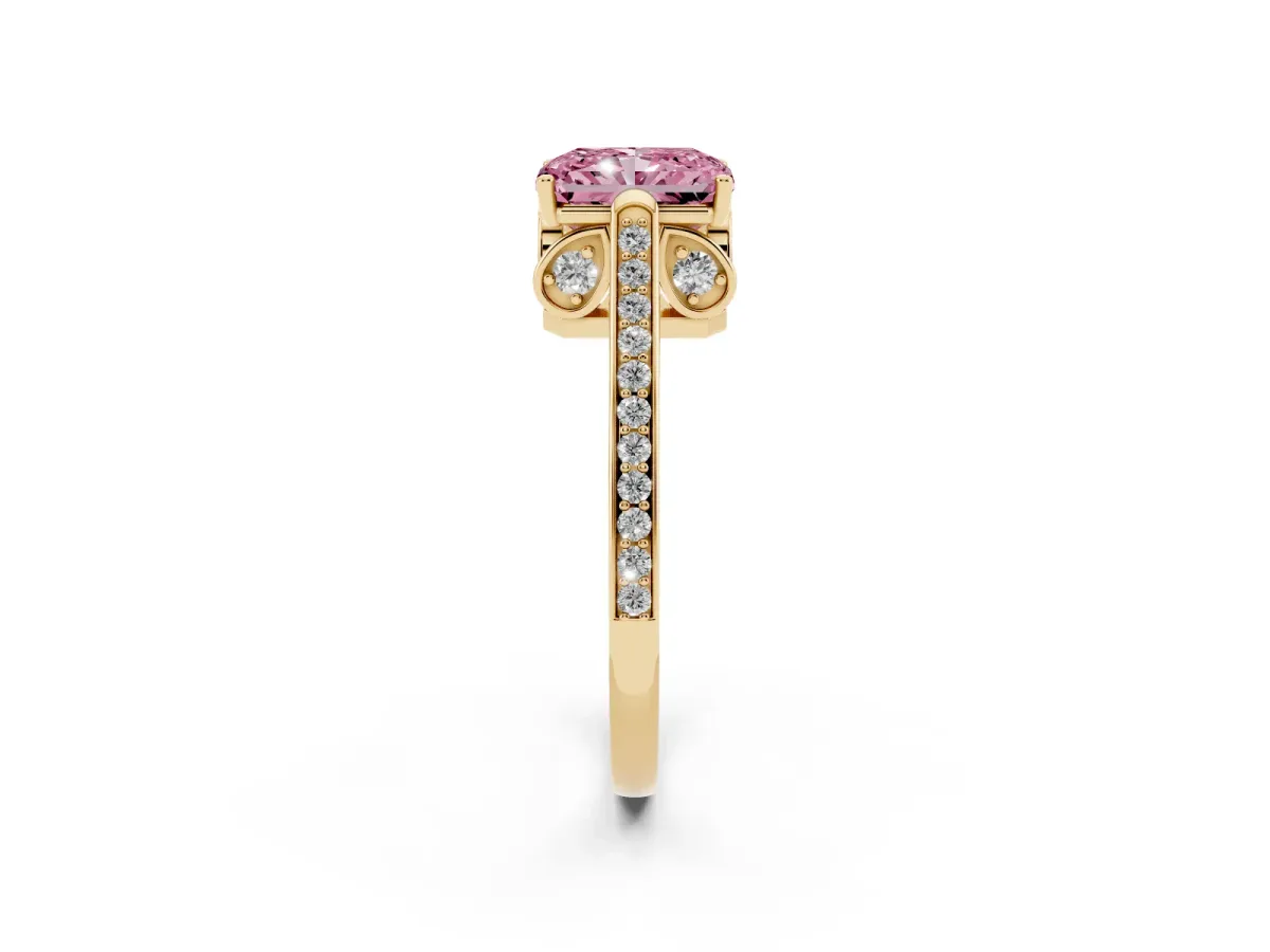 Fancy Pink Radiant Cut Cut Cathedral Pave Diamond Engagement Ring with Six-Prong Setting Yellow gold