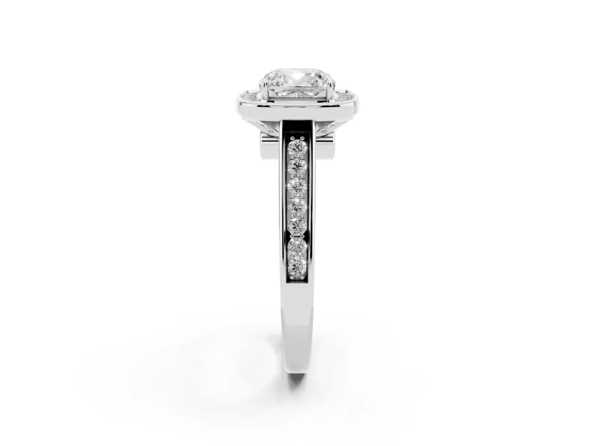 Cushion Cut Halo Solitaire Diamond Ring with Pave Band and Bezel Setting Silver