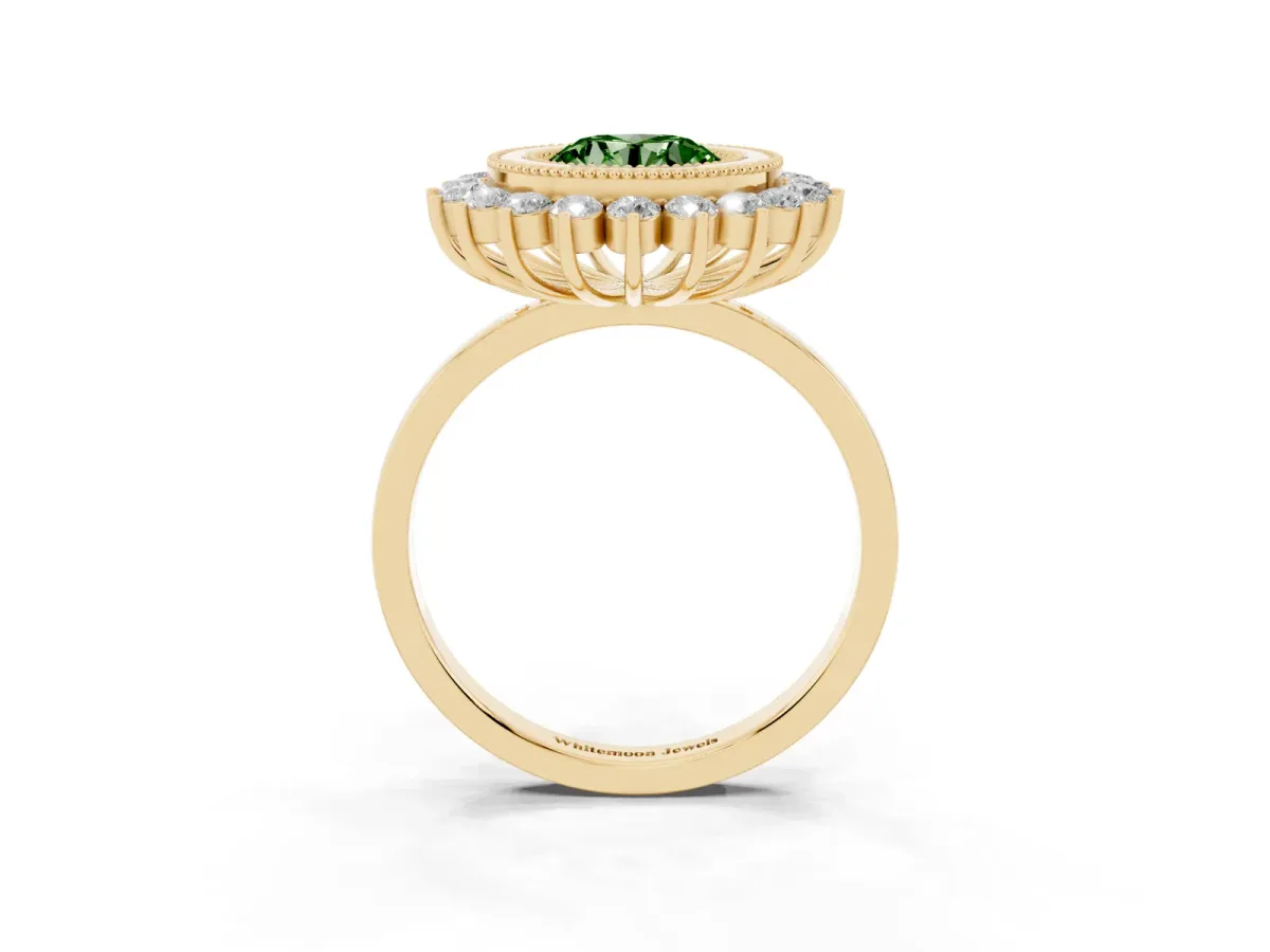 Fancy Green Round Cut Halo Diamond Ring with Milgrain Edge and Round Prong Setting Yellow gold