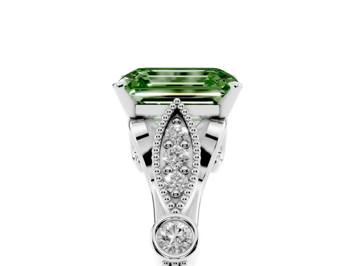Fancy Green Emerald Cut Cut Diamond with Milgrain Marquise and Bezel Accents on a Solitaire Band with Prong Setting Silver
