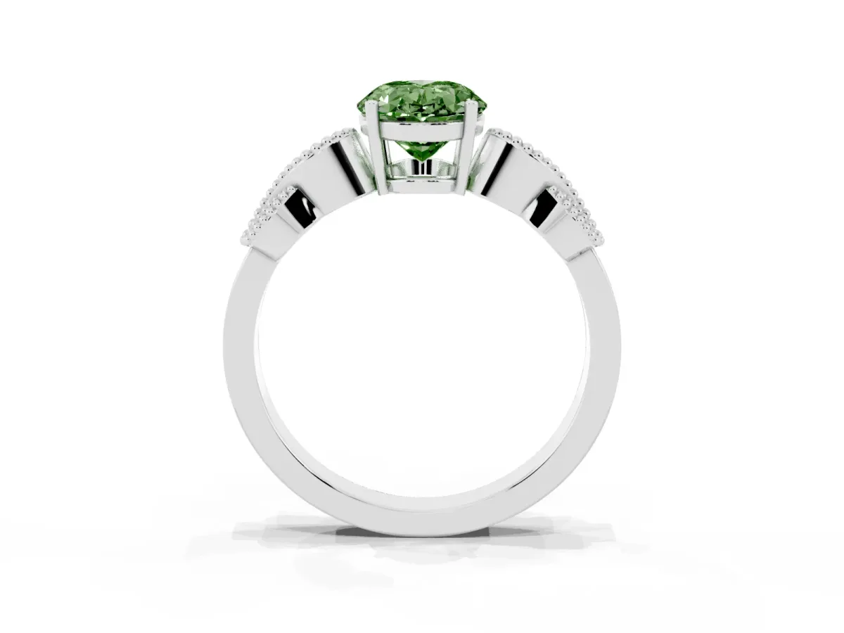 Fancy Green Oval Cut Solitaire Milgrain Leaf Band with Prong Setting Silver