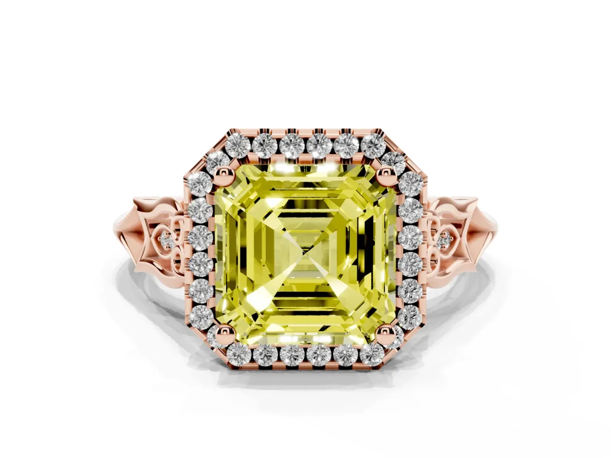 Fancy Yellow Asscher Cut Halo Diamond Engagement Ring with Filigree Band and Four-Prong Setting Rose gold