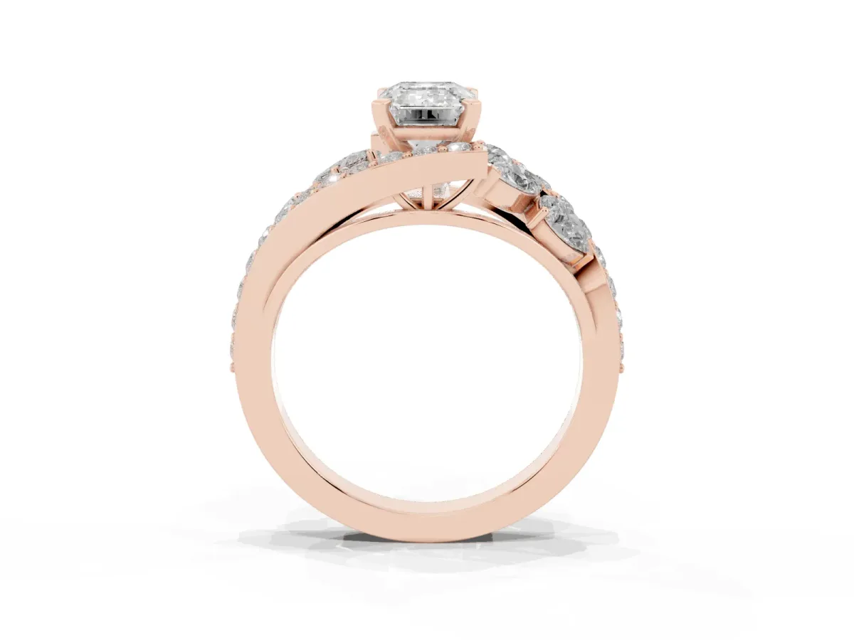 Emerald Cut Diamond Halo Ring with Marquise and Pavé Band in Prong Setting Rose gold