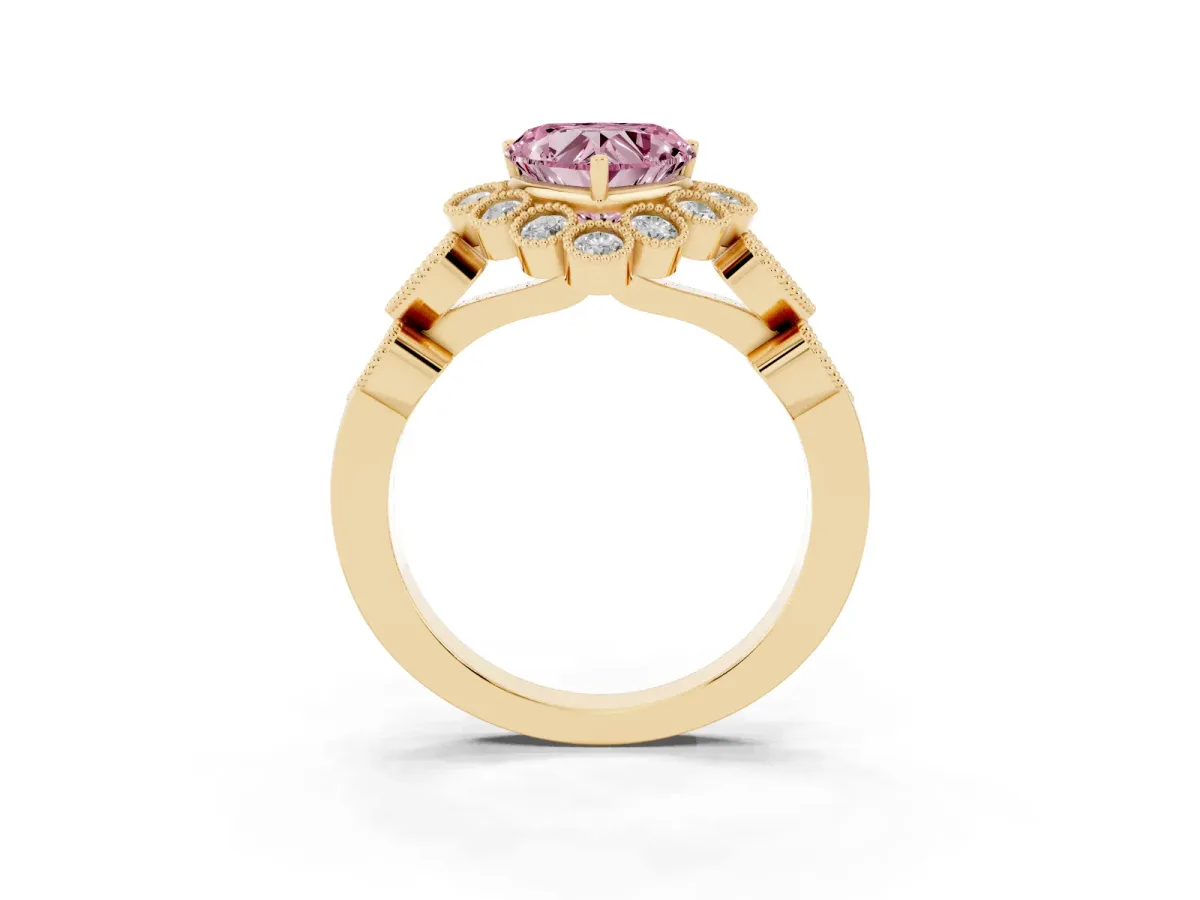 Fancy Pink Heart Cut Brilliant Milgrain Pave Heart Band Solitaire Ring Yellow gold
