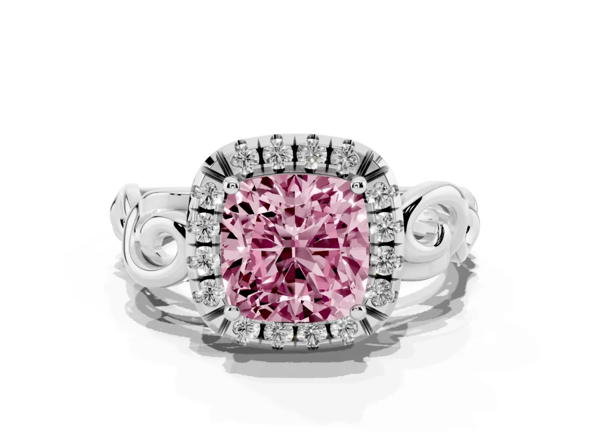 Fancy Pink Cushion Cut Cut Halo Diamond Ring with Scrollwork Band and Four-Prong Setting Silver