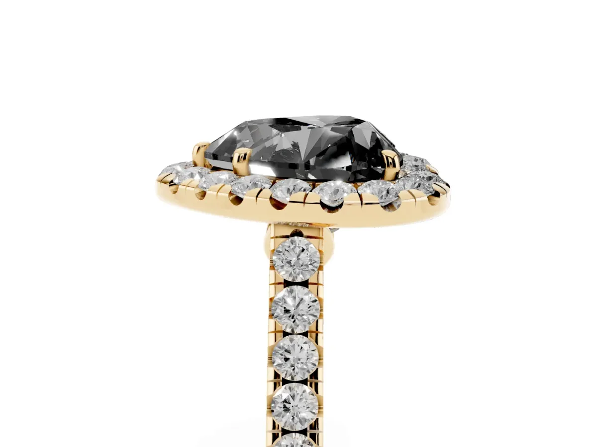 Fancy Black Heart Cut Halo Pave Diamond Engagement Ring with Four-Prong Setting Yellow gold
