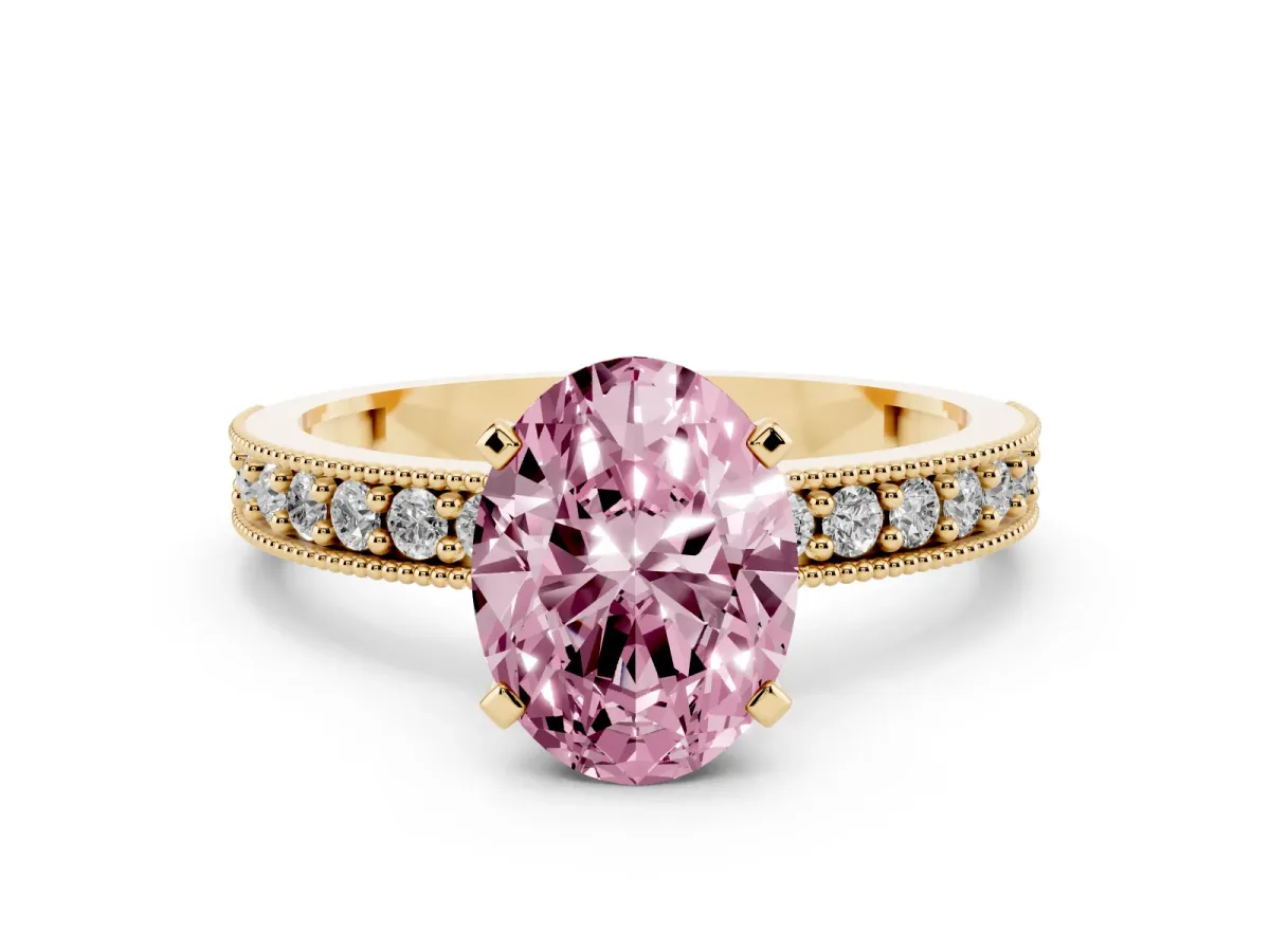 Fancy Pink Oval Cut Diamond Milgrain Pavé Engagement Ring with Four-Prong Setting Yellow gold