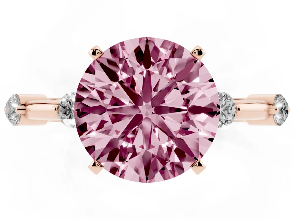 Fancy Pink Round Cut Solitaire Diamond Ring with Bezel Set Side Stones and Prong Setting Rose gold