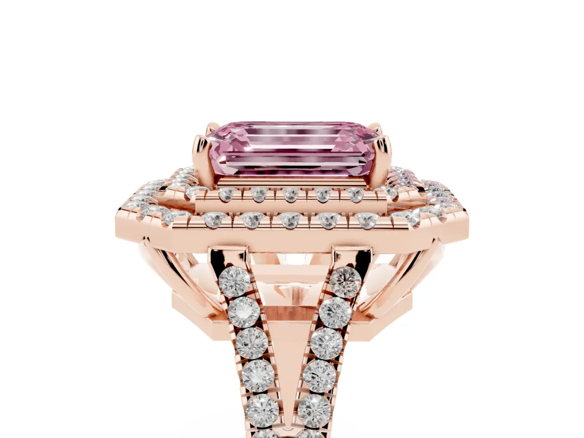 Fancy Pink Emerald Cut Diamond Double Halo Ring with Pavé Band and Prong Setting Rose gold