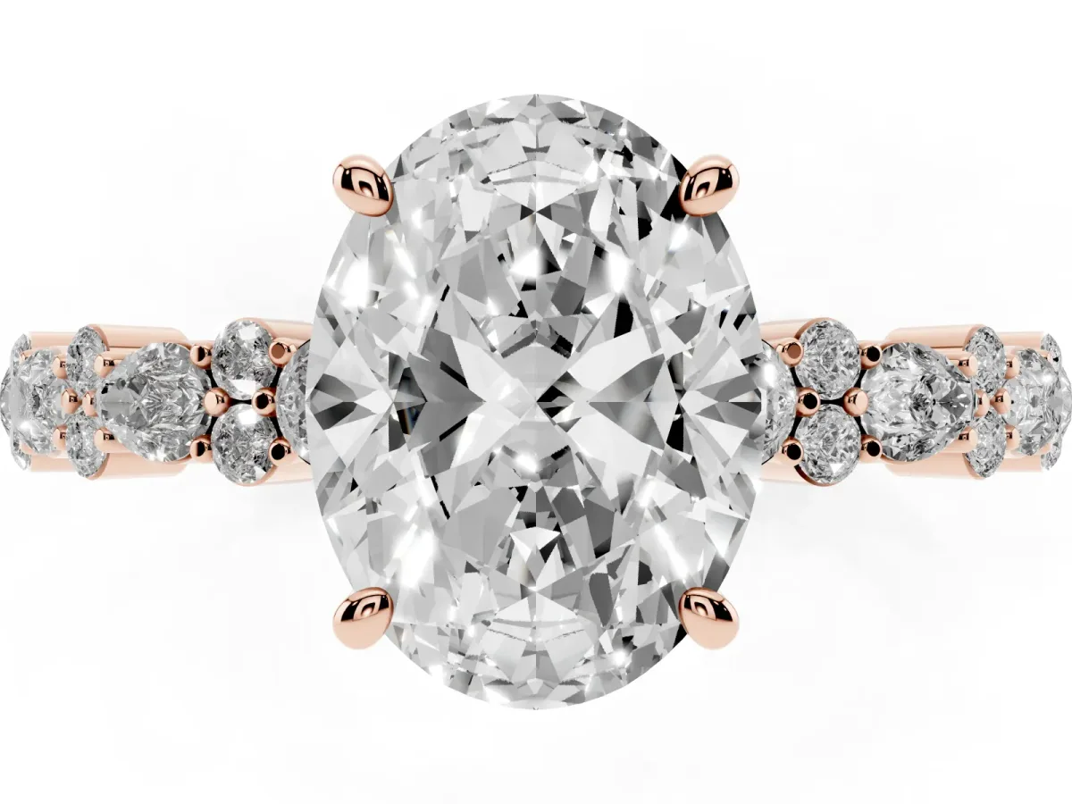 Oval Cut Diamond Side Stone Solitaire Ring with Round and Four-Prong Setting Rose gold