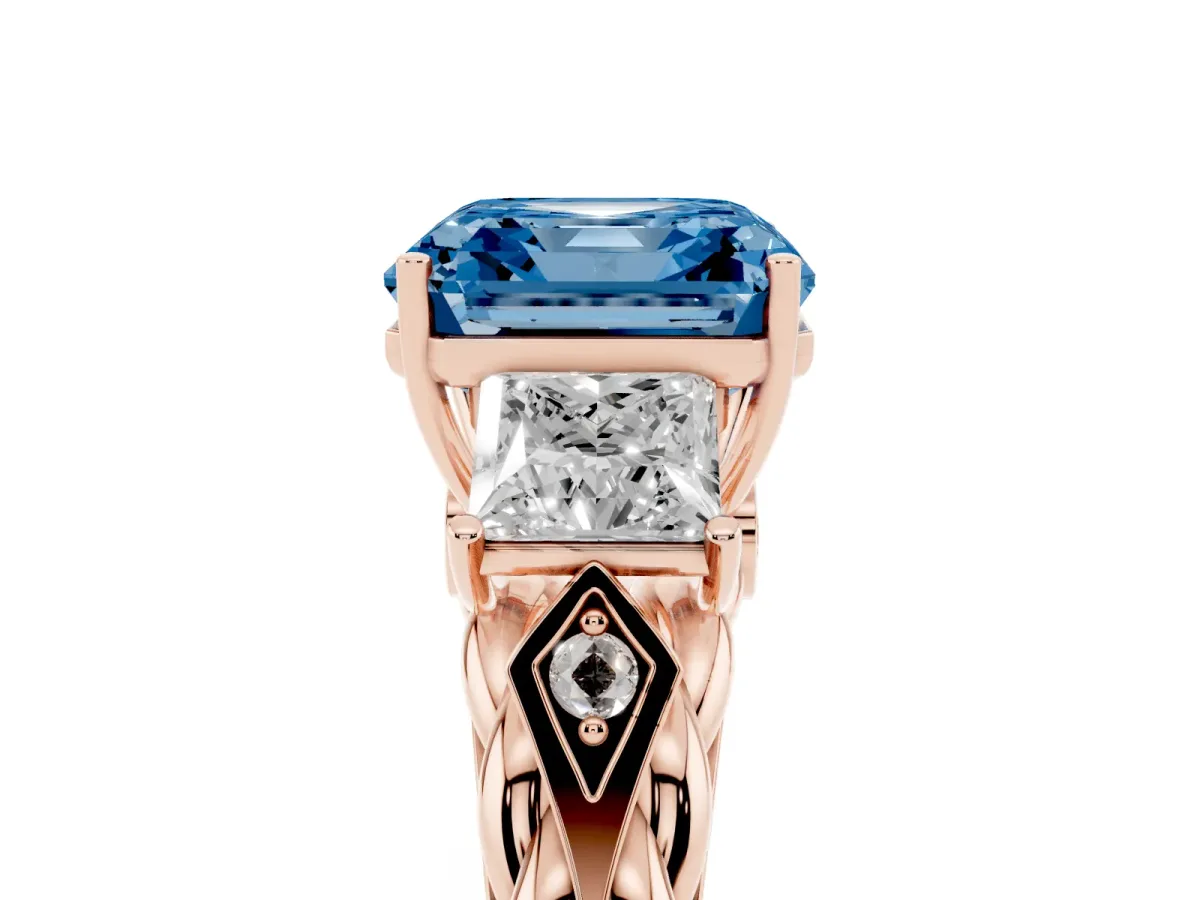 Fancy Blue Three-Stone Asscher Cut Diamond Braided Band Ring with Four-Prong Setting Rose gold