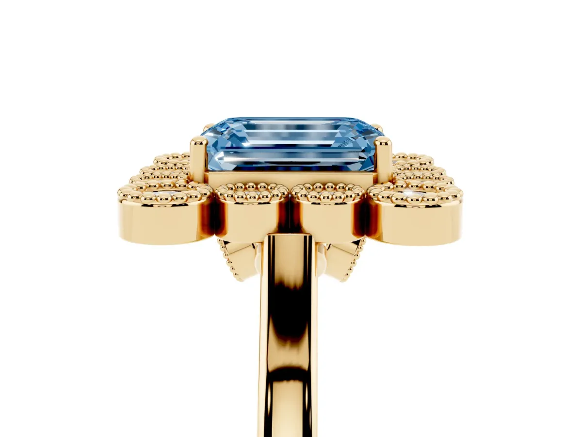 Fancy Blue Emerald Cut Halo Diamond Cluster Engagement Ring with Milgrain Bezel Setting and Solitaire Band Yellow gold
