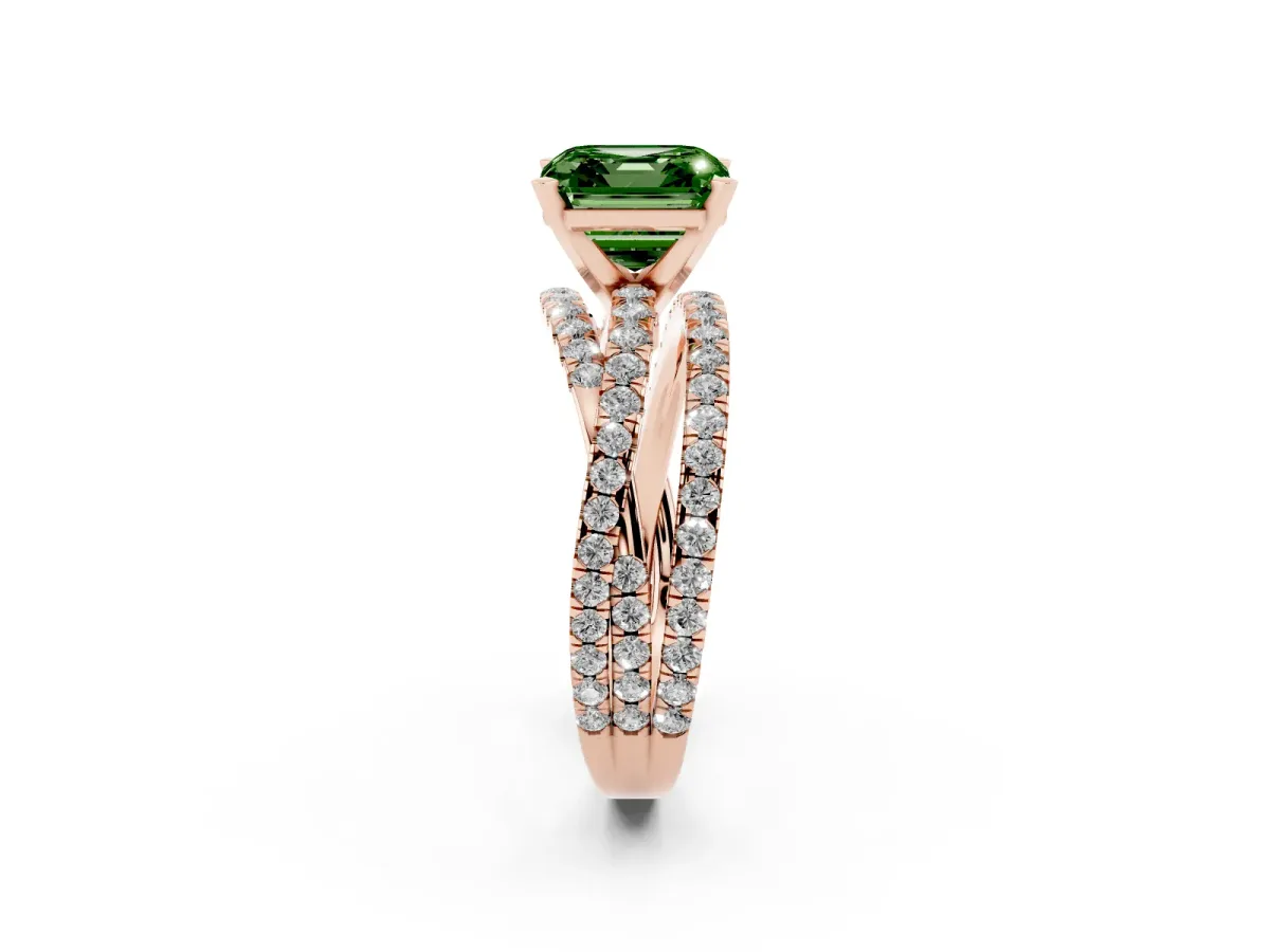 Fancy Green Asscher Cut Solitaire Twist Band with Pavé Setting and Four-Prong Setting Rose gold