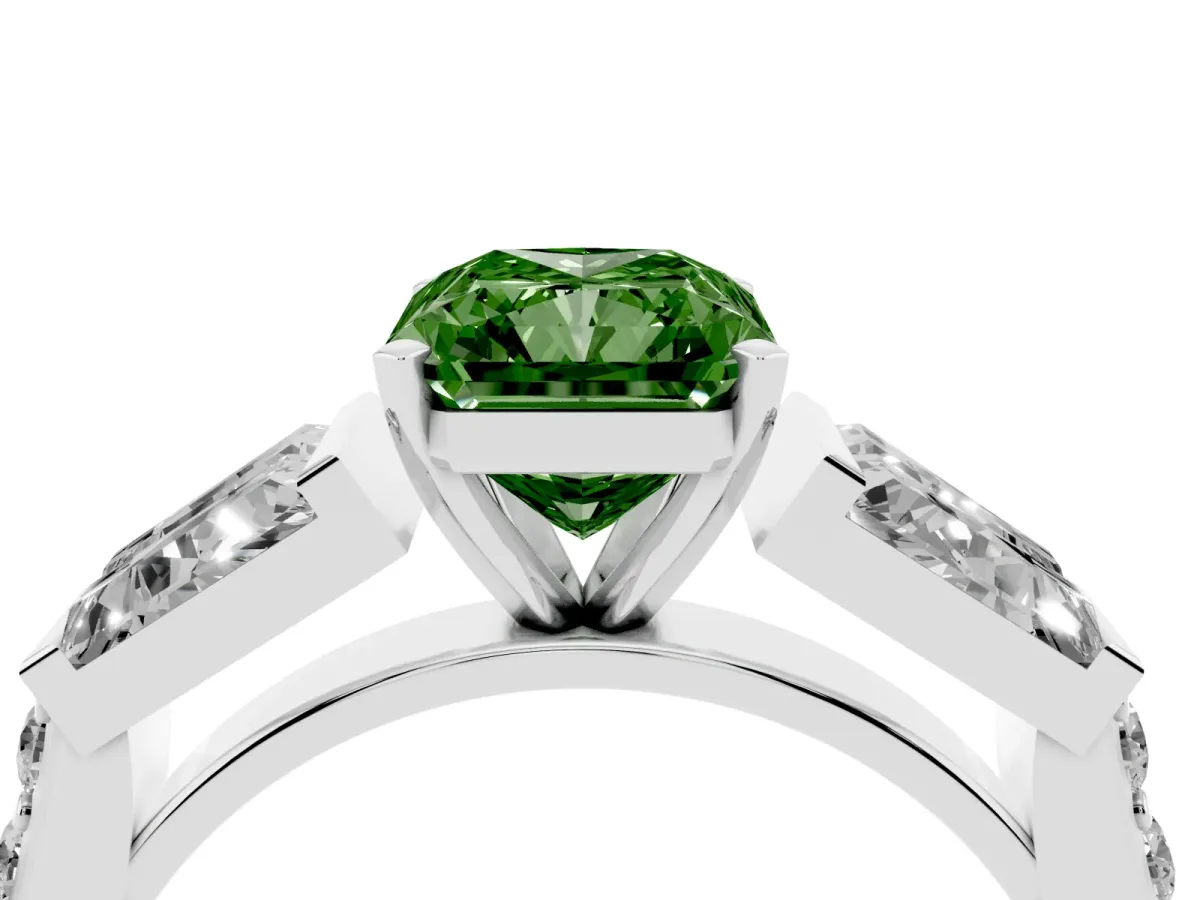 Fancy Green Radiant Cut Diamond Engagement Ring with Baguette Side Stones and Channel Set Band Silver