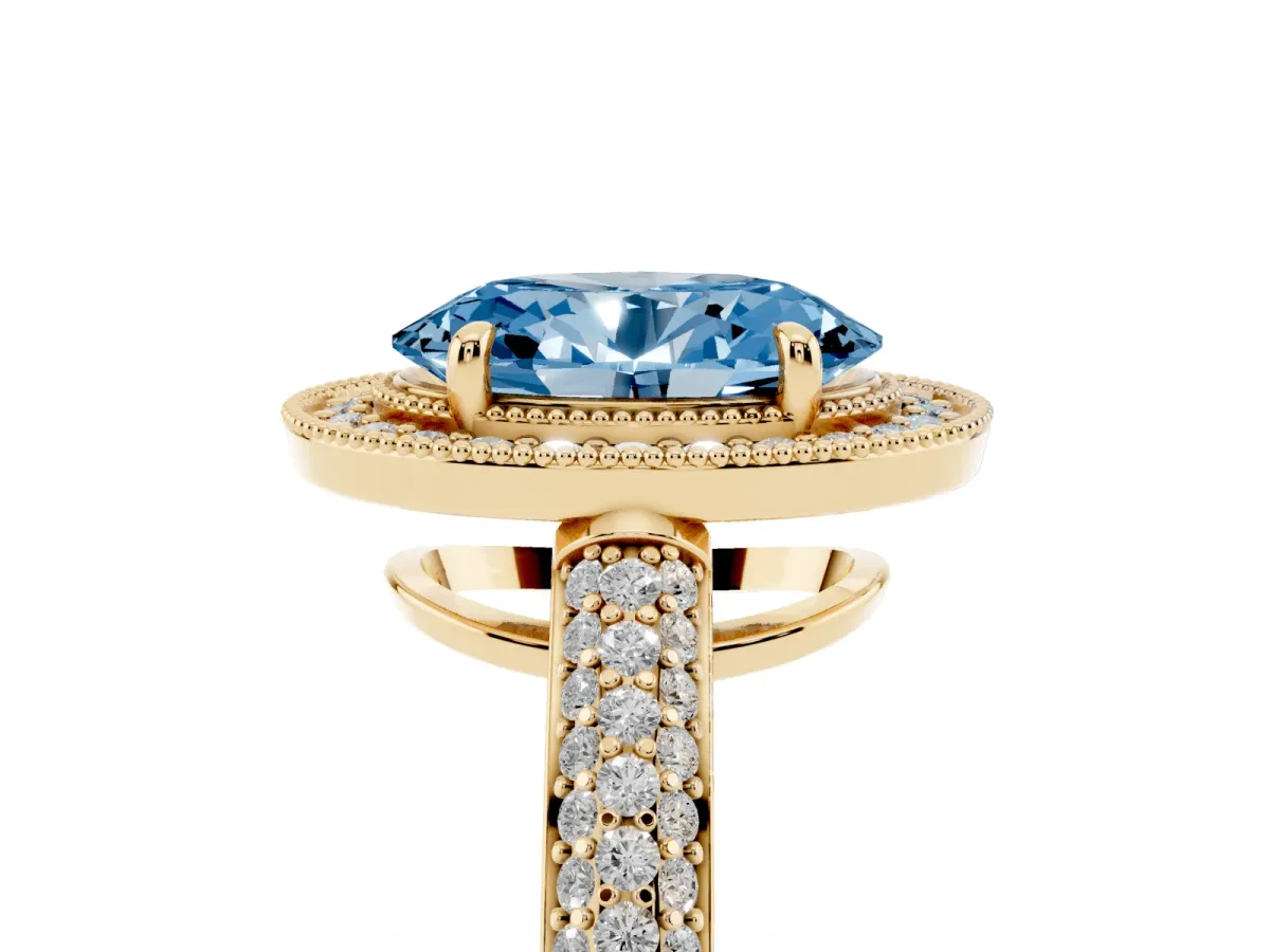 Fancy Blue Oval Cut Cut Halo Diamond Pave Band with Four-Prong Setting Yellow gold