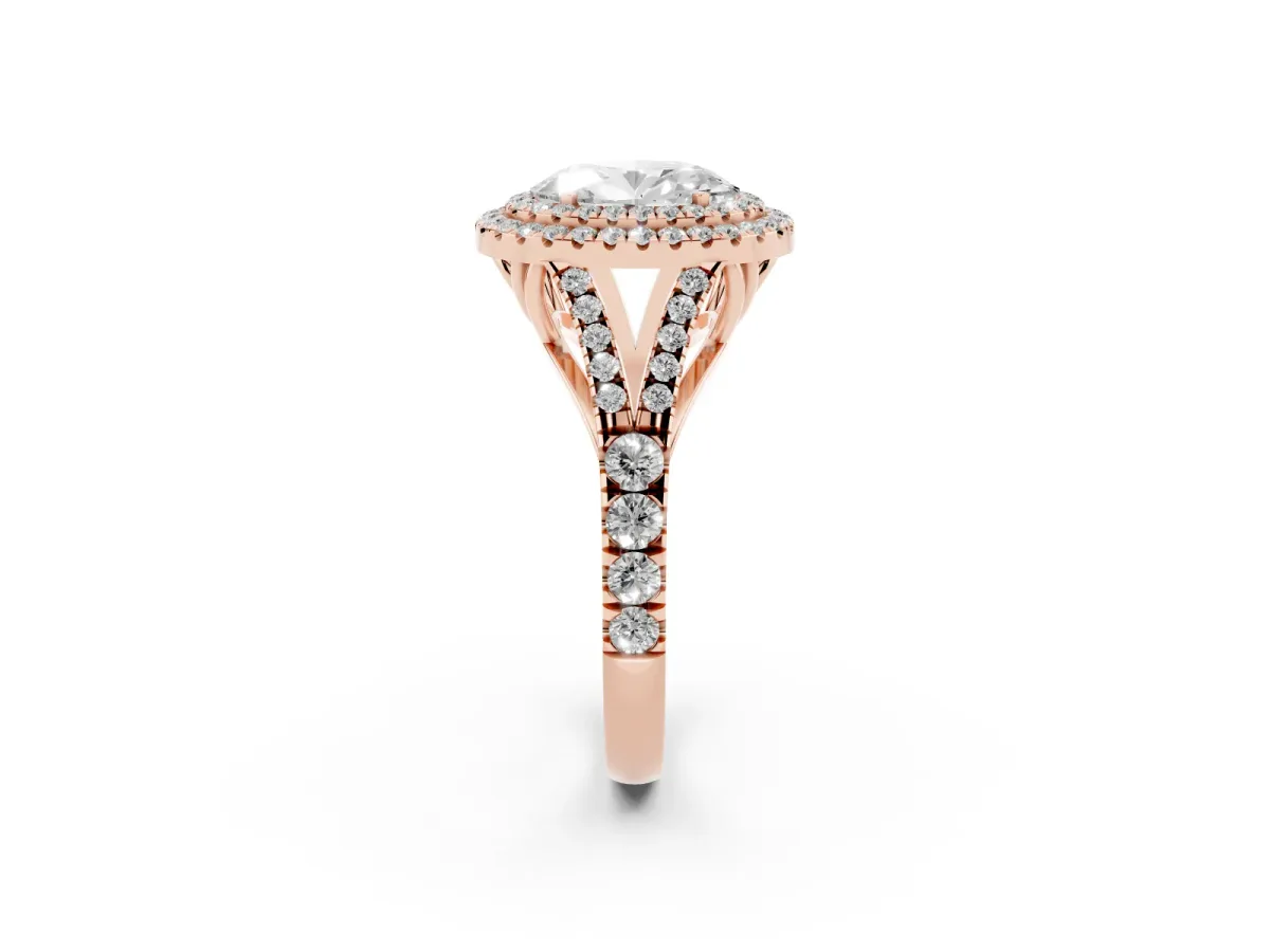 Double Halo Oval Cut Diamond Split Shank Engagement Ring with Four-Prong Setting Rose gold