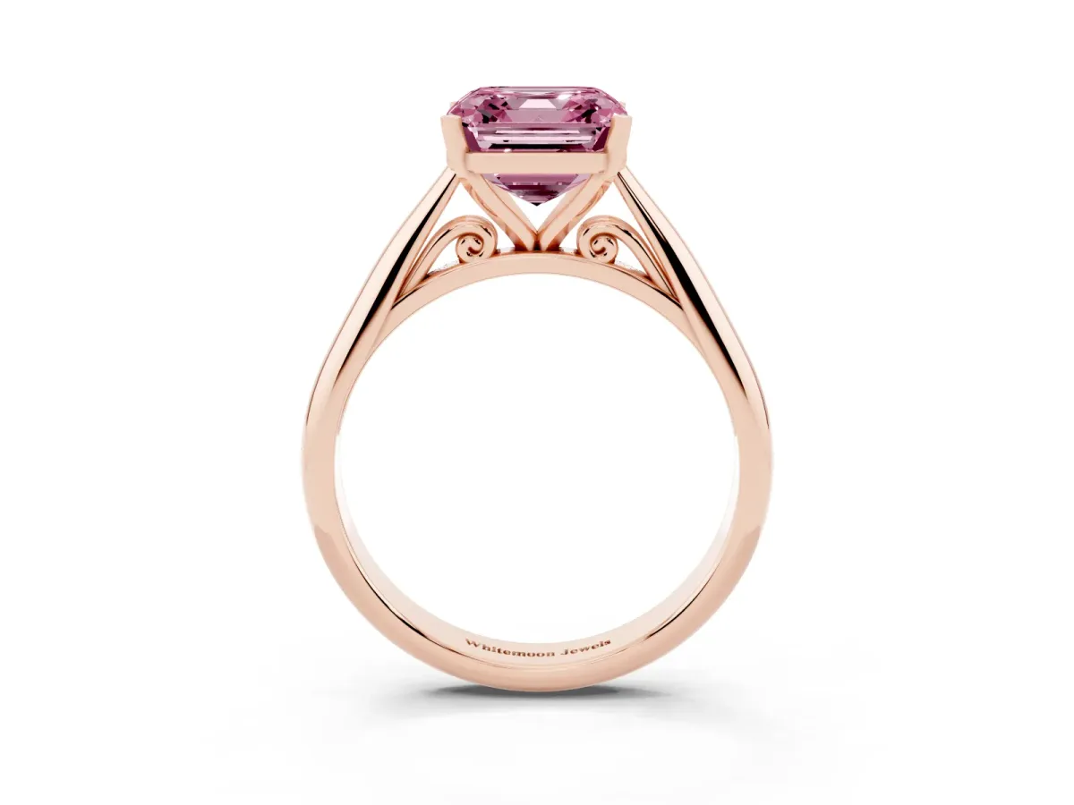 Fancy Pink Asscher Cut Diamond Solitaire Engagement Ring with Cathedral Setting and Four-Prong Mount Rose gold