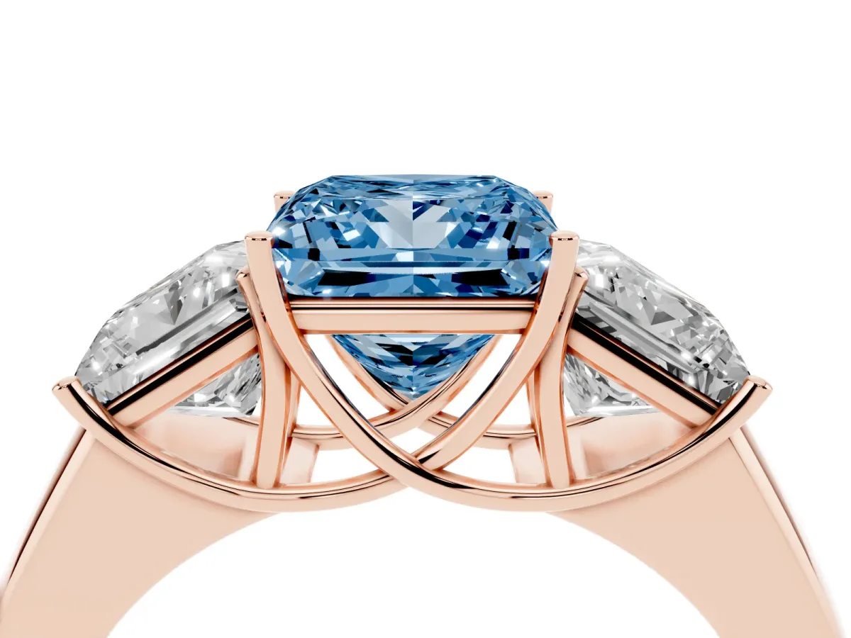 Fancy Blue Three-Stone Princess Cut Cut Diamond Ring with Prong Setting and Classic Band Rose gold