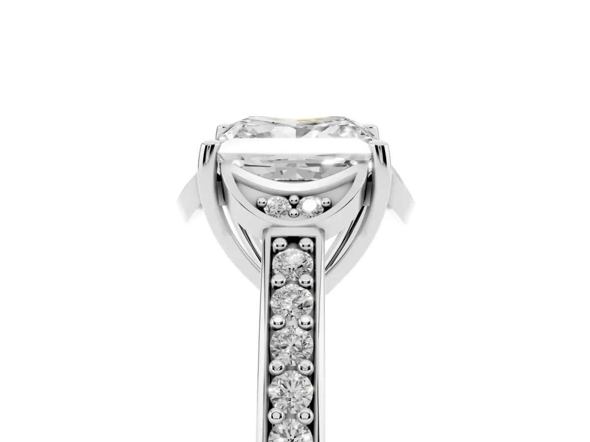 Princess Cut Cut Halo Diamond Ring with Channel Set Band and Four-Prong Setting Platinum