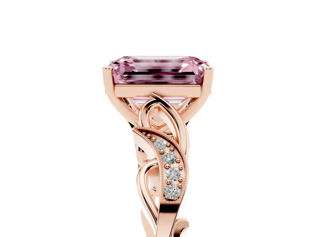 Fancy Pink Emerald Cut Solitaire Vine Band with Milgrain Prong Setting Rose gold