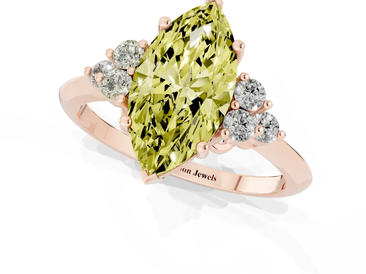 Fancy Yellow Marquise Cut Cut Diamond Cluster Ring with Solitaire Band and Four-Prong Setting Rose gold
