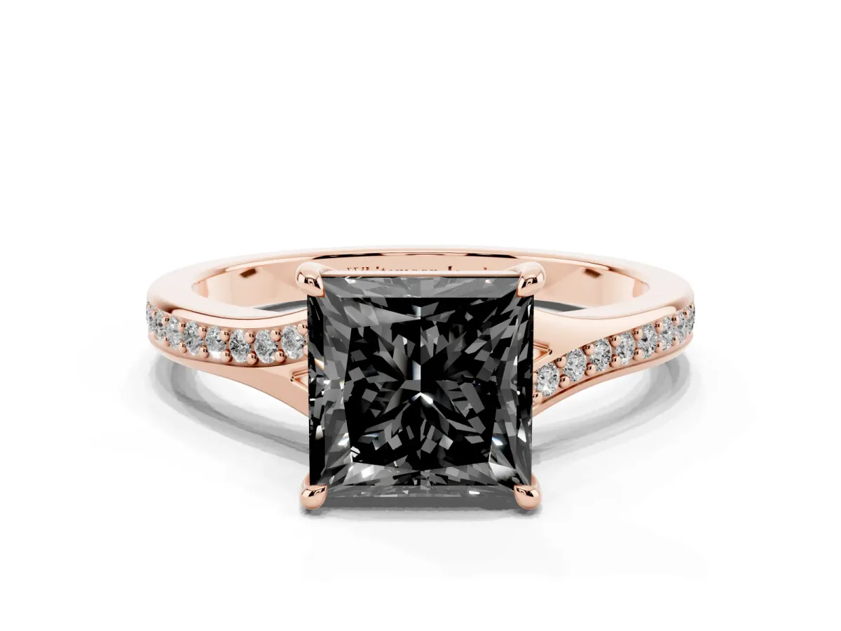 Fancy Black Princess Cut Diamond Solitaire Ring with Pavé Band and Prong Setting Rose gold