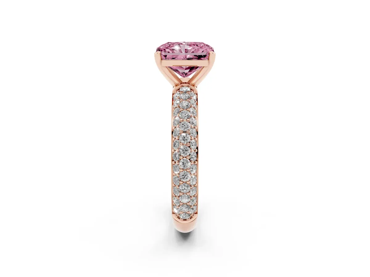 Fancy Pink Radiant Cut Diamond Solitaire Ring with Prong Setting and Pavé Band Rose gold