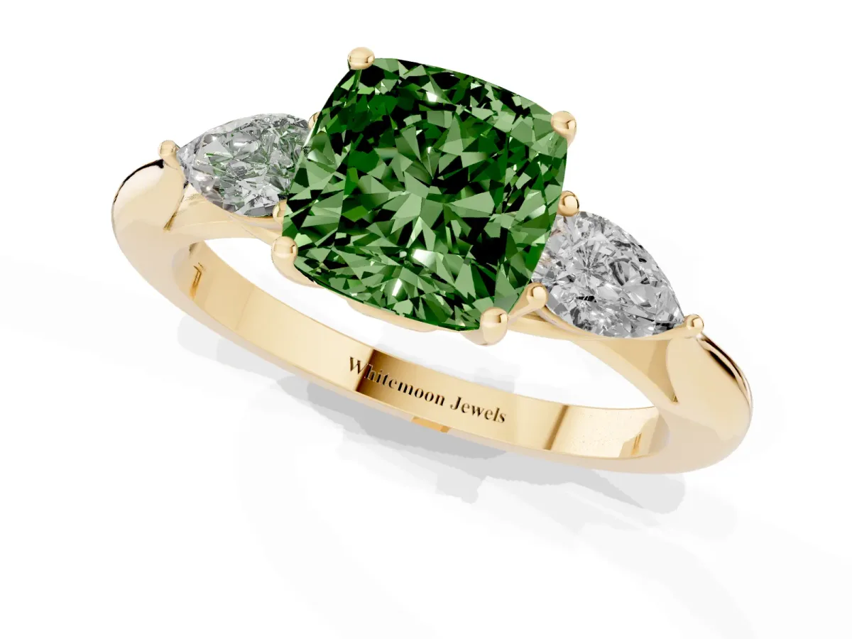 Fancy Green Three-Stone Cushion Cut Brilliant Diamond Solitaire Ring with Tapered Band and Four-Prong Setting Yellow gold