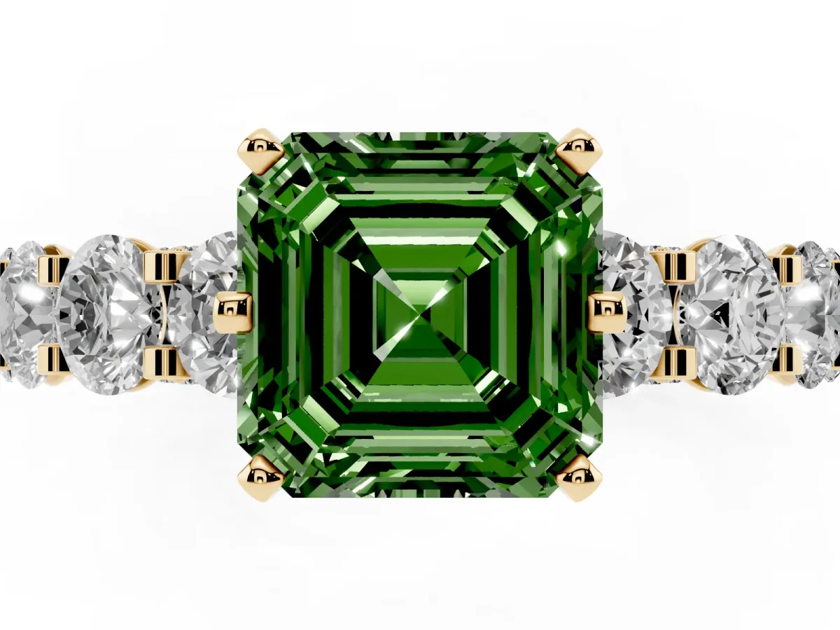 Fancy Green Asscher Cut Diamond Side Stone Engagement Ring with Four-Prong Setting Yellow gold
