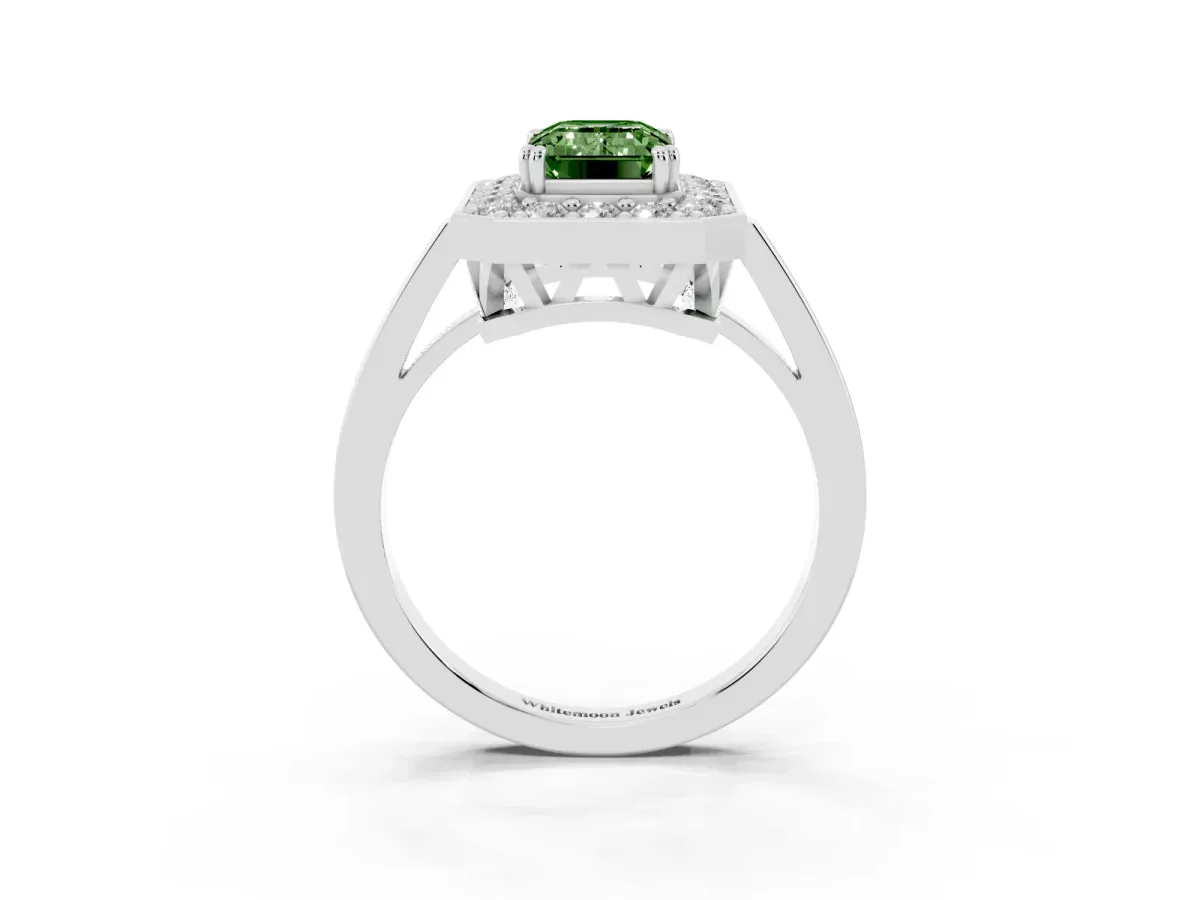 Fancy Green Emerald Cut Diamond Halo Ring with Split Shank and Four-Prong Setting Silver