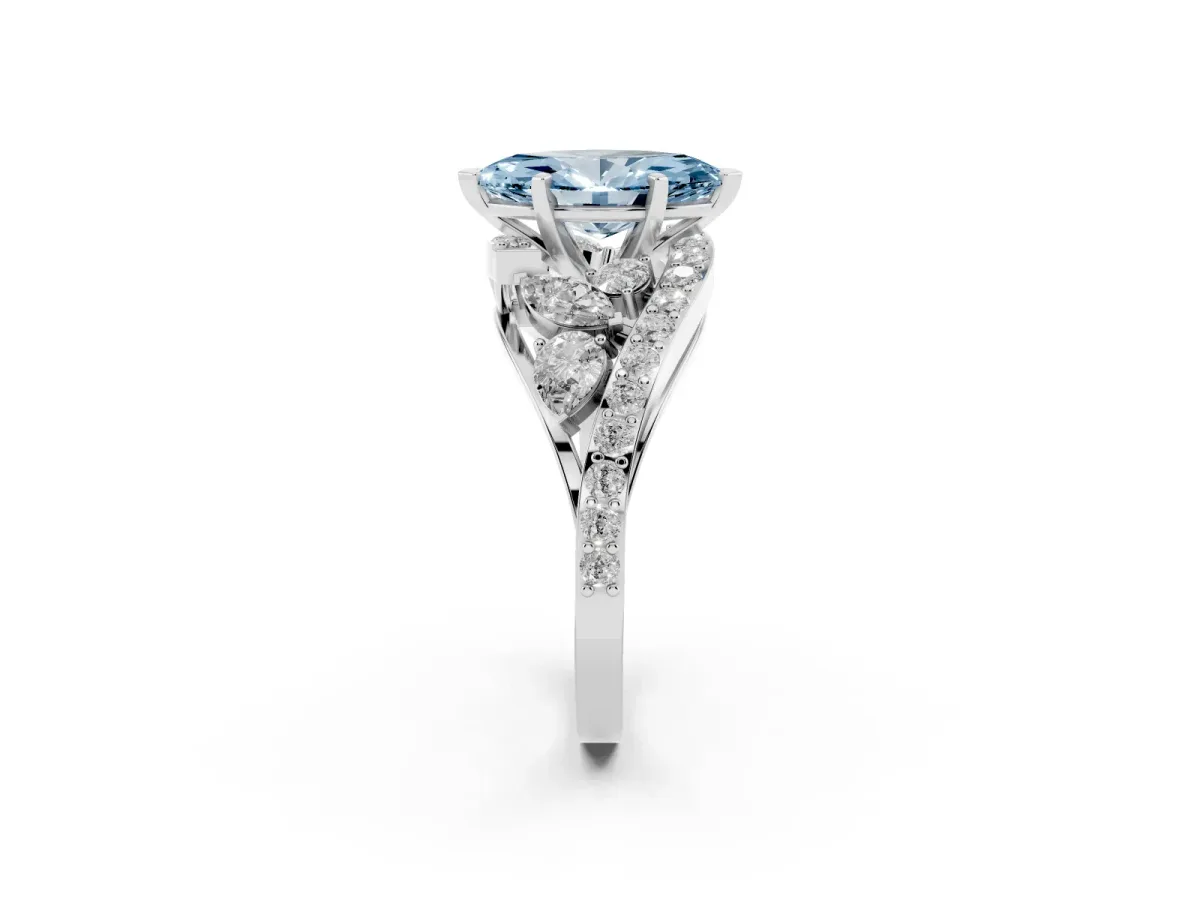 Fancy Blue Marquise Cut Diamond Halo Ring with Marquise and Pavé Band in Prong Setting Silver