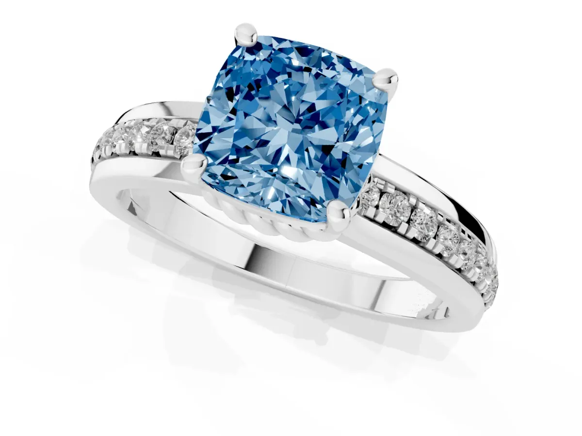 Fancy Blue Cushion Cut Solitaire Diamond Ring with Channel Set Band and Six-Prong Setting Platinum