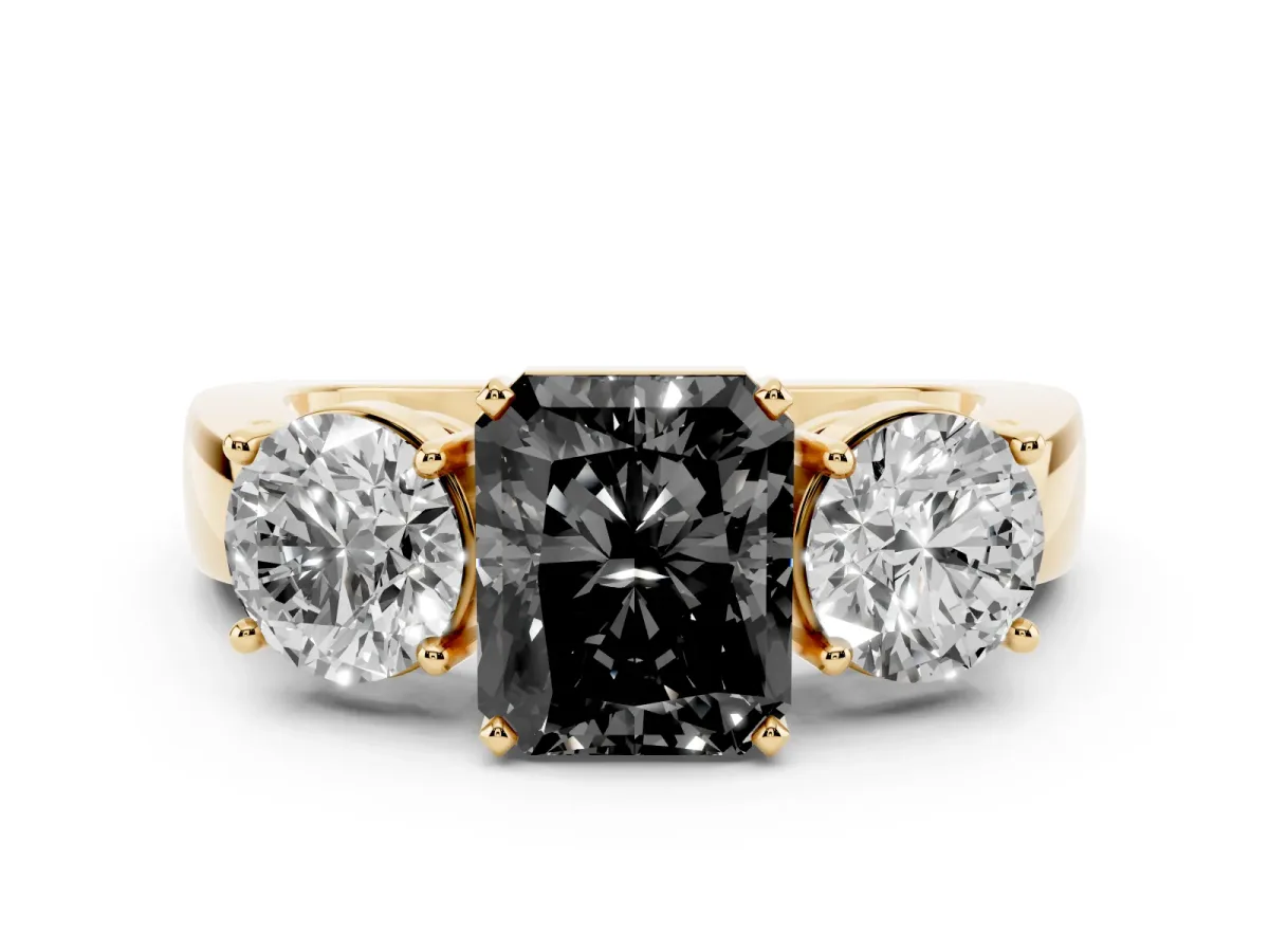 Fancy Black Three-Stone Radiant Cut Diamond Ring with Round Side Stones, Classic Band, and Four-Prong Setting Yellow gold