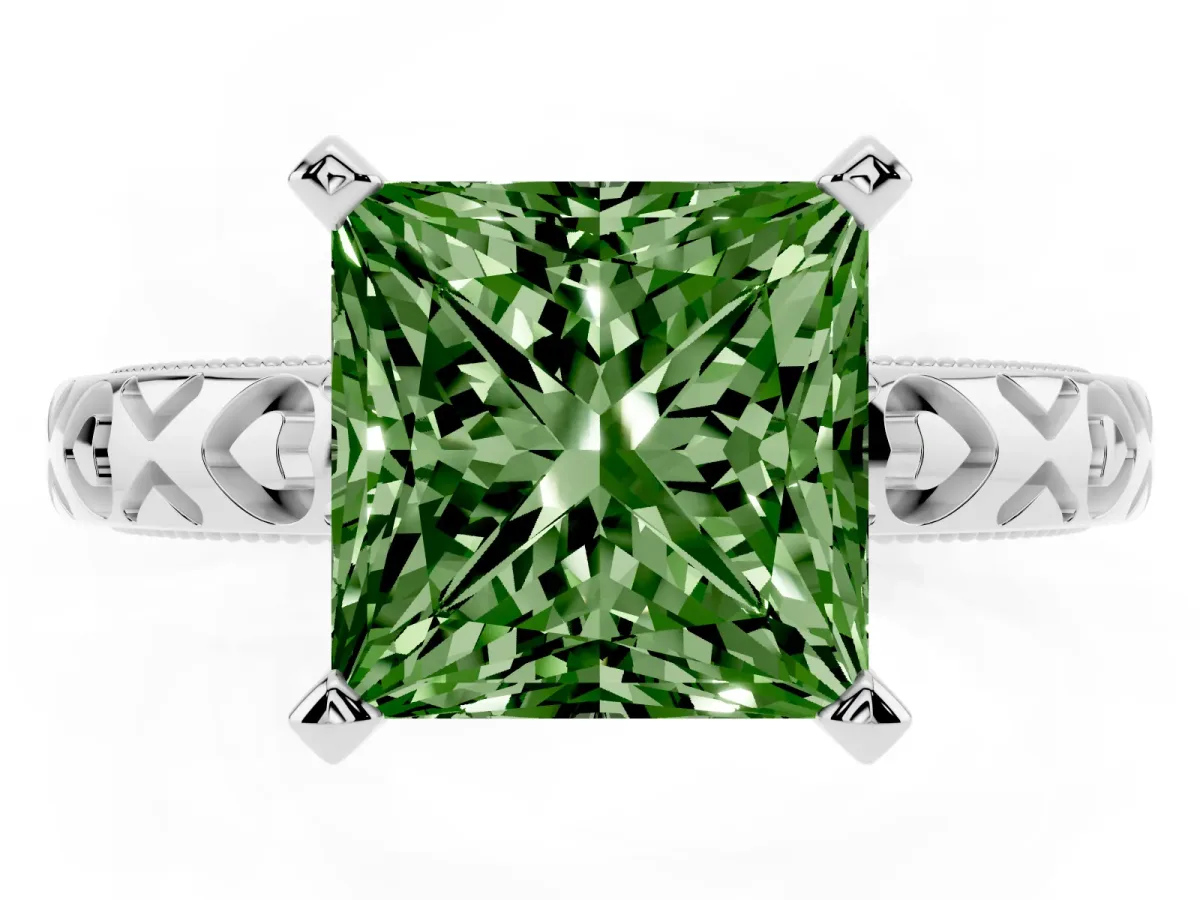 Fancy Green Princess Cut Solitaire Diamond Engagement Ring with XO Engraved Band and Four-Prong Setting Silver