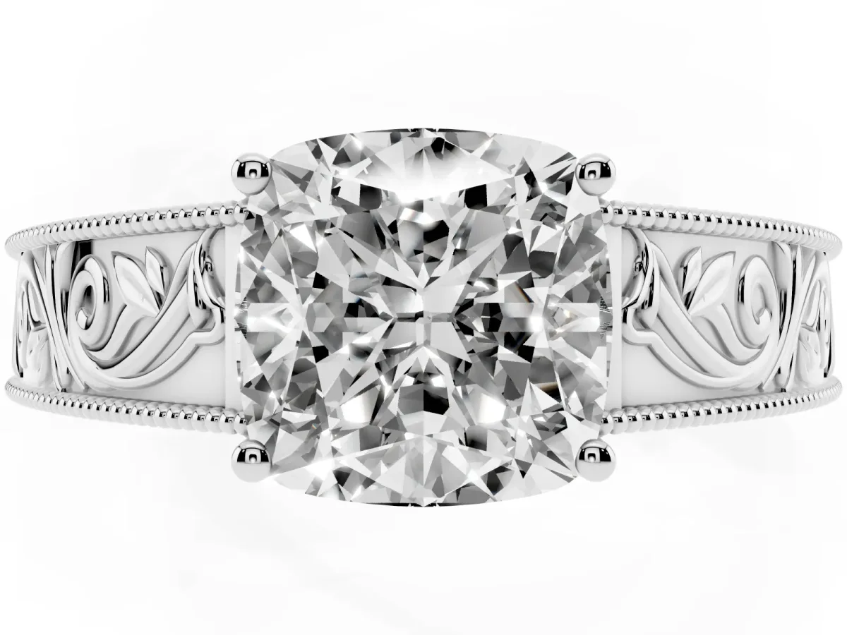 Cushion Cut Diamond Solitaire Ring with Engraved Band and Four-Prong Setting Silver