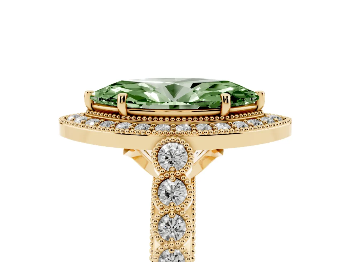 Fancy Green Marquise Cut Halo Milgrain Solitaire with Bezel Set Side Stones and Pave Band Yellow gold