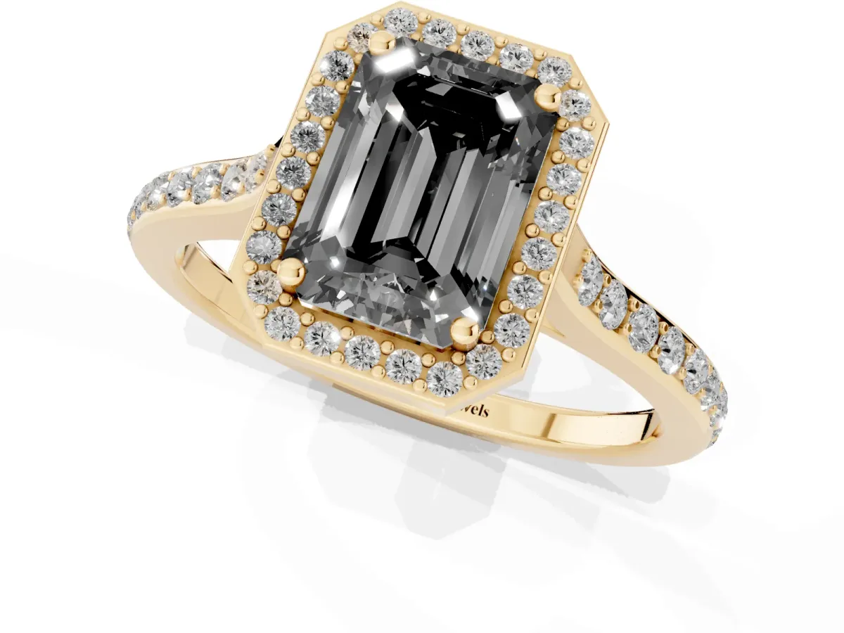 Fancy Black Emerald Cut Diamond Halo Engagement Ring with Round Pavé Shoulders and Prong Setting Yellow gold
