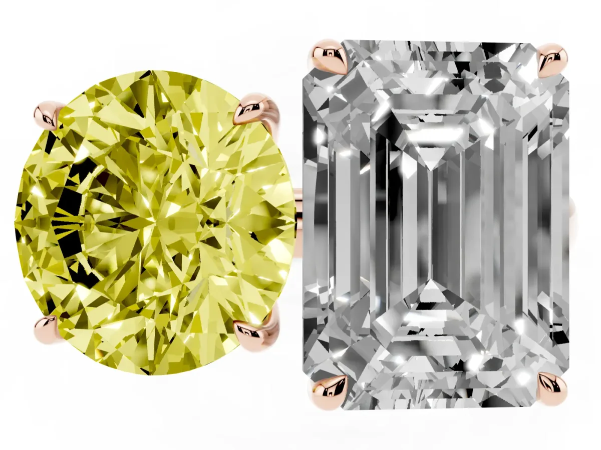 Fancy Yellow Round Cut and Emerald Cut Toi Moi Ring with Prong Setting Rose gold