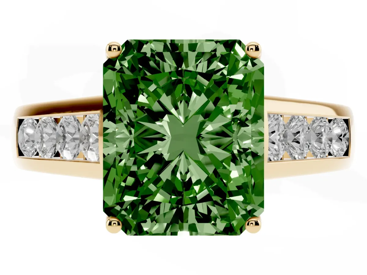 Fancy Green Radiant Cut Solitaire Channel-Set Diamond Engagement Ring with Four-Prong Setting Yellow gold