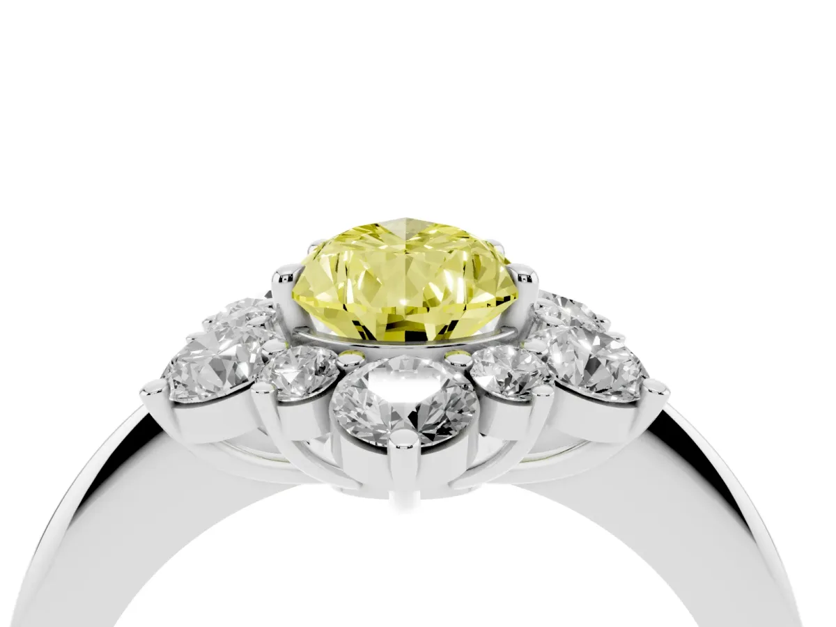 Fancy Yellow Pear Cut Diamond Cluster Halo Ring with Solitaire Band and Four-Prong Setting Silver