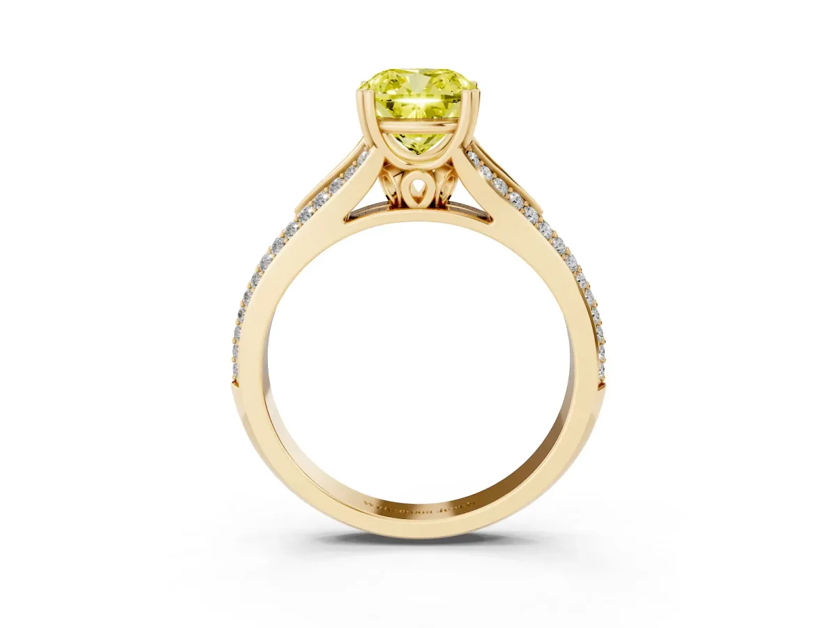 Fancy Yellow Cushion Cut Diamond Split Shank Engagement Ring with Pavé Band Yellow gold